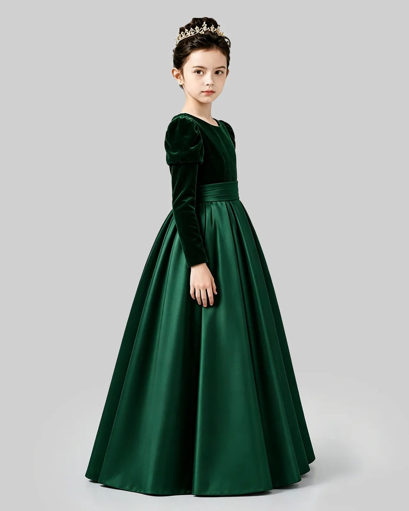 Emerald Green Velvet Satin A-line Girls Formal Dress Side View