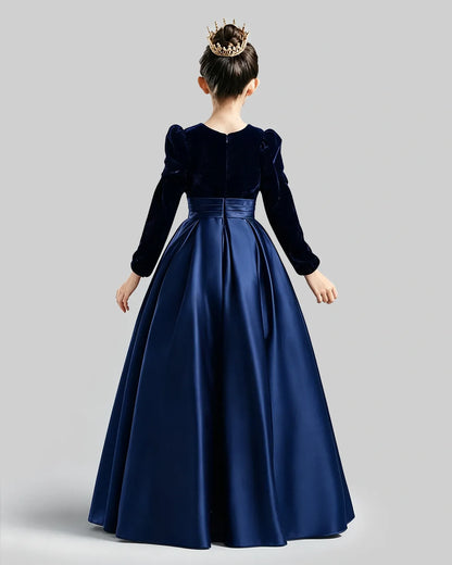 Navy Blue Velvet Satin A-line Girls Formal Dress Back View