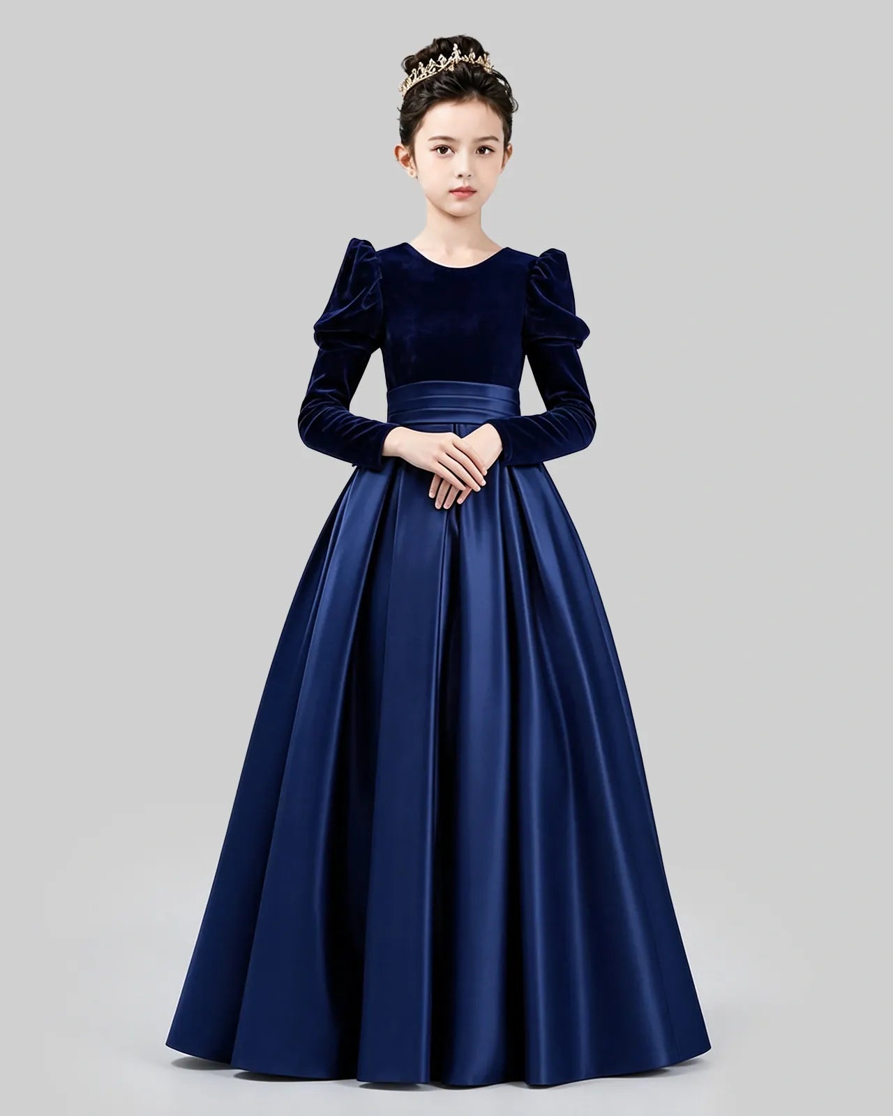 Navy Blue Velvet Satin A-line Girls Formal Dress Front View