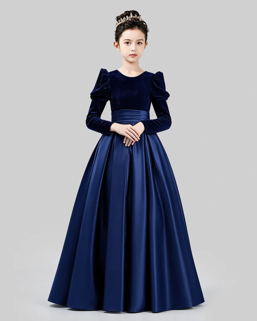 Navy Blue Velvet Satin A-line Girls Formal Dress Front View