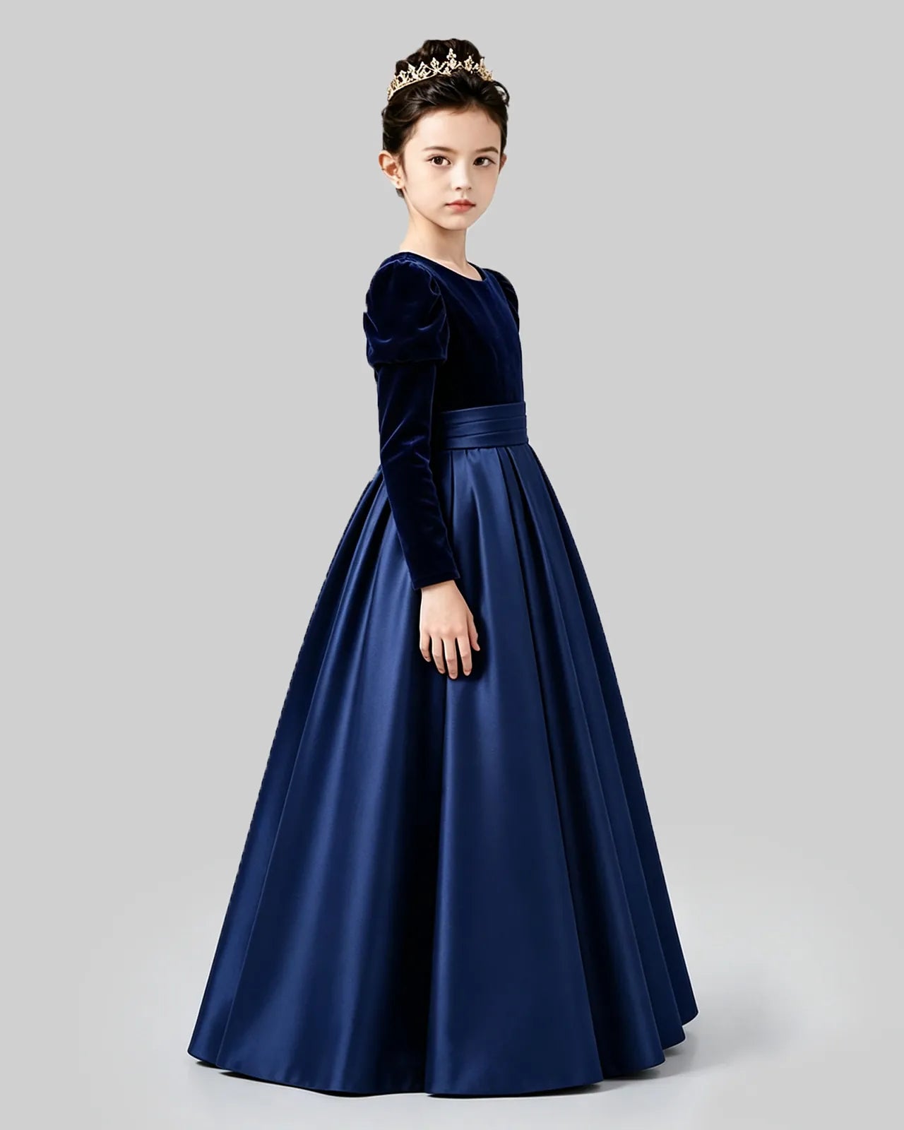 Navy Blue Velvet Satin A-line Girls Formal Dress Side View