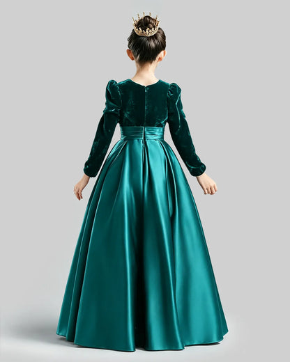 Peacock Velvet Satin A-line Girls Formal Dress Back View