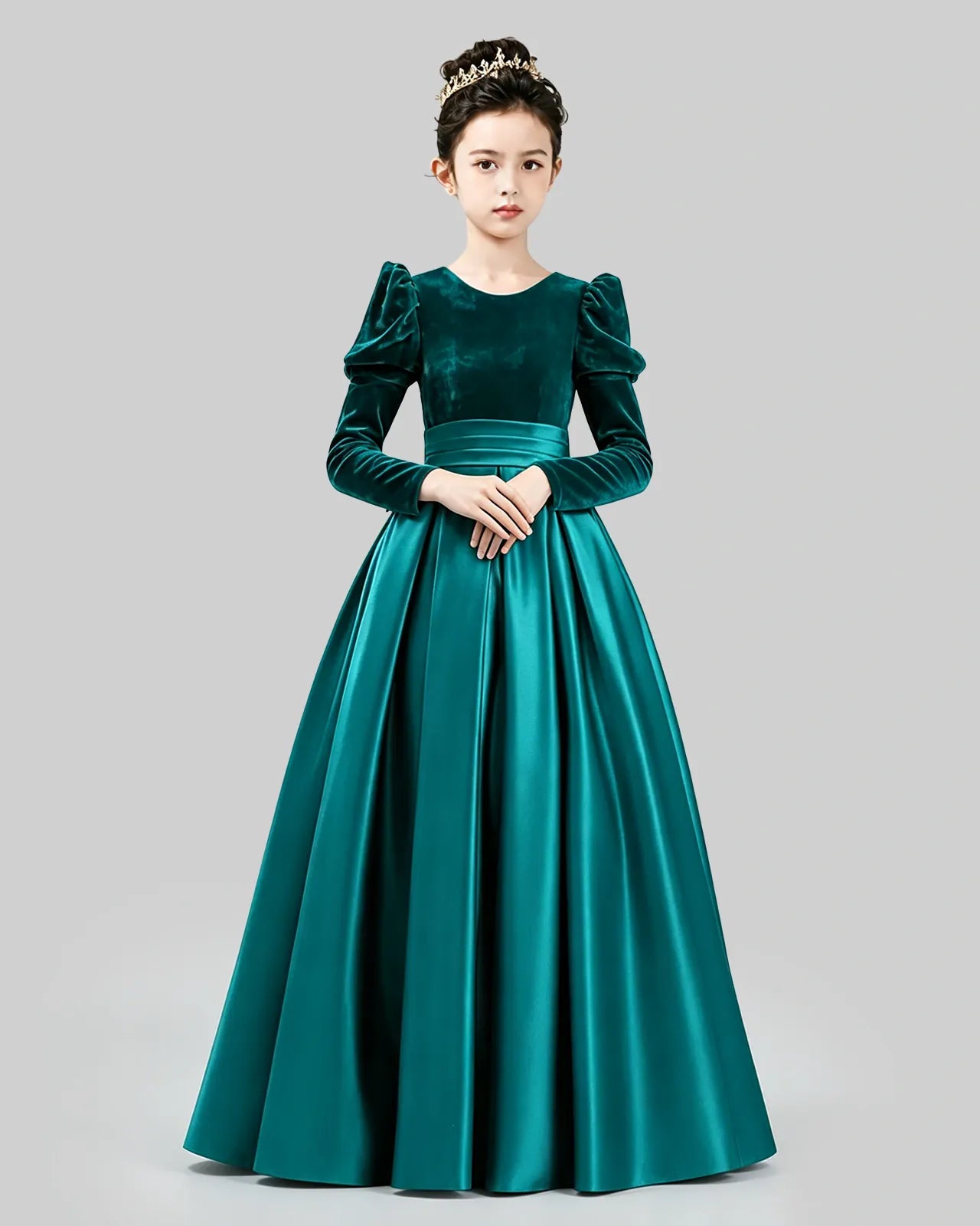 Peacock Velvet Satin A-line Girls Formal Dress Front View