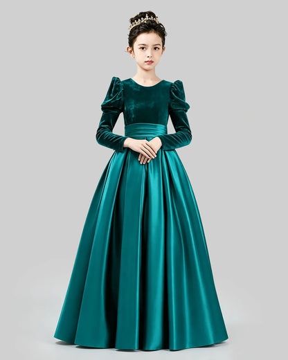 Peacock Velvet Satin A-line Girls Formal Dress Front View
