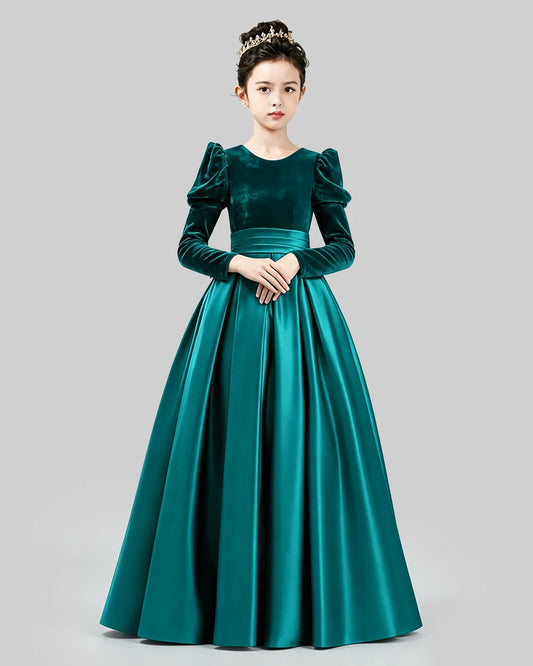 Peacock Velvet Satin A-line Girls Formal Dress Front View