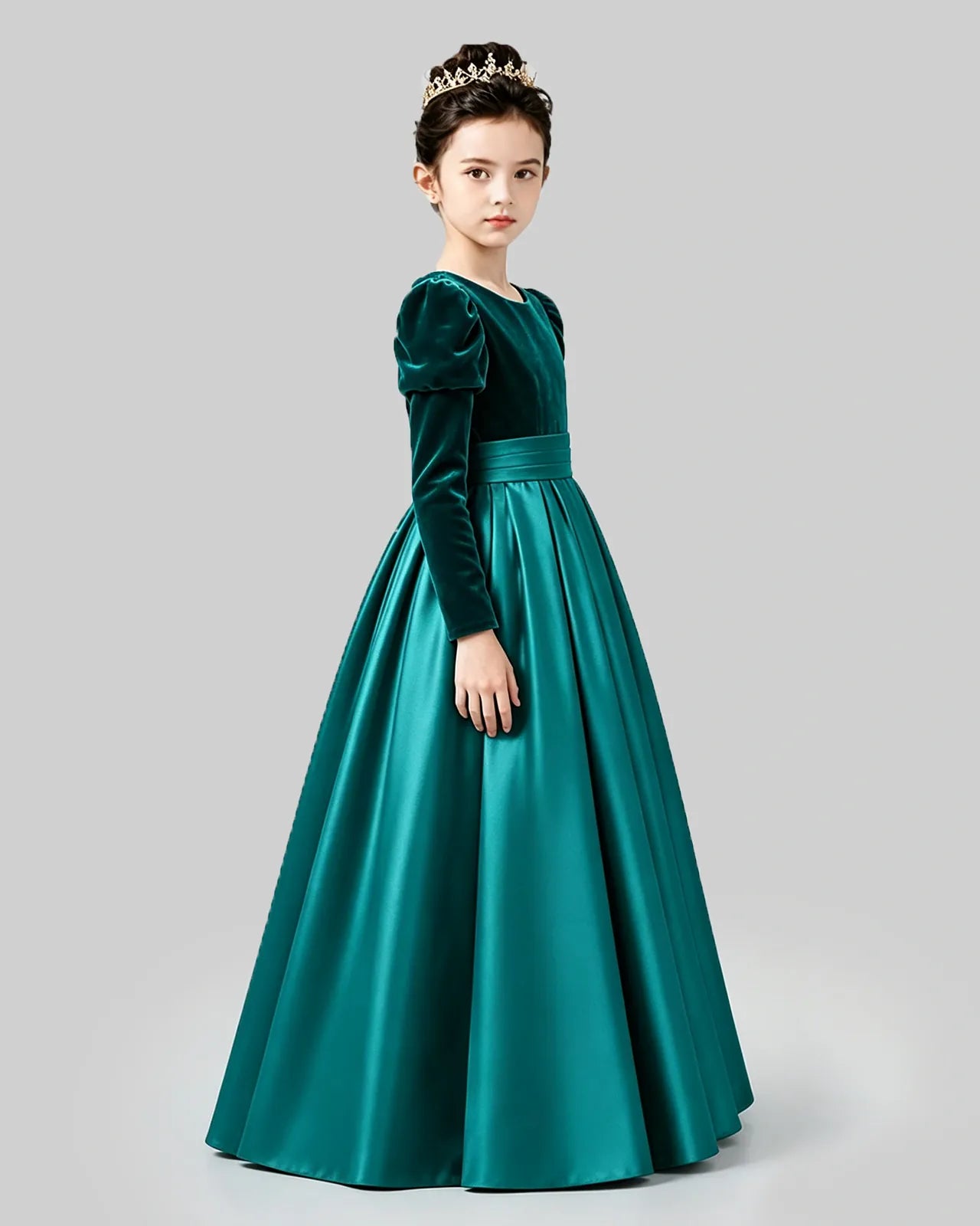 Peacock Velvet Satin A-line Girls Formal Dress Side View