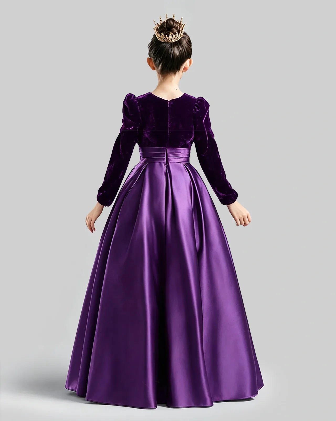 Purple Velvet Satin A-line Girls Formal Dress Back View