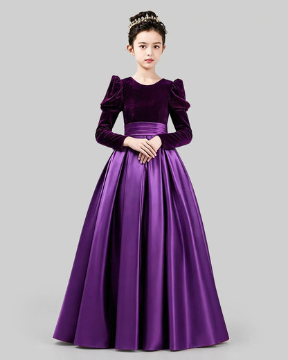 Purple Velvet Satin A-line Girls Formal Dress Front View