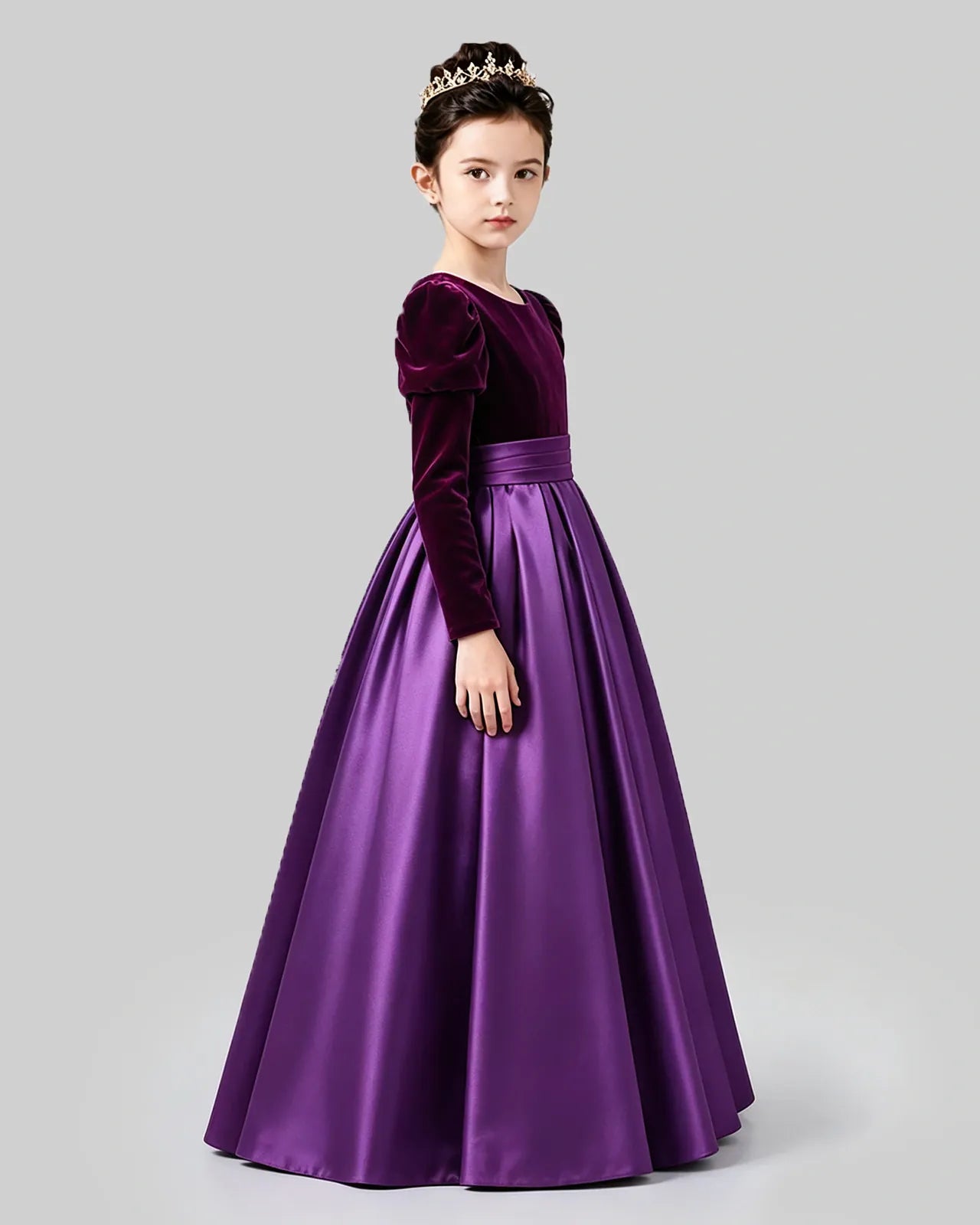 Purple Velvet Satin A-line Girls Formal Dress Side View