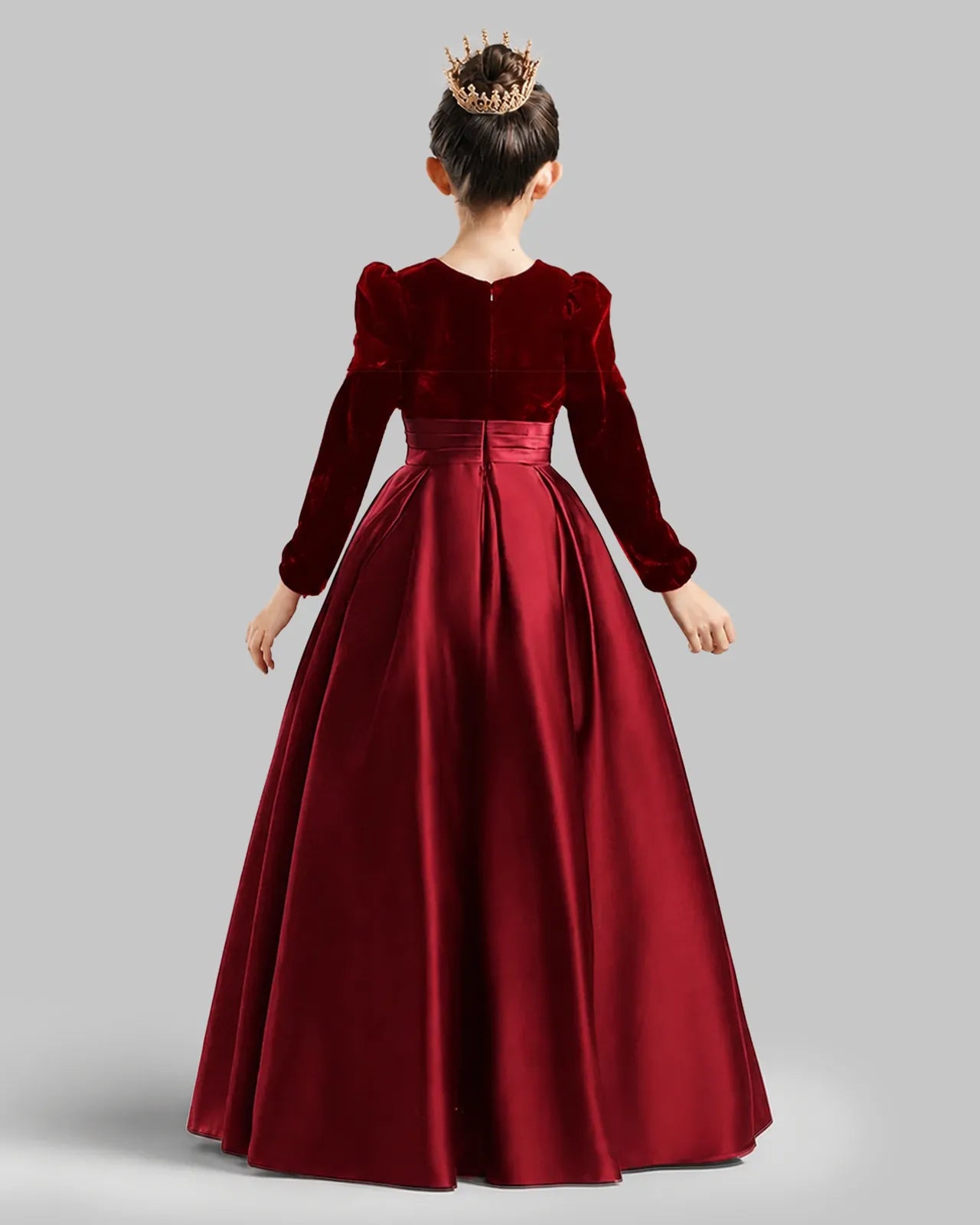 Red Velvet Satin A-line Girls Formal Dress Back View
