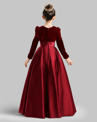 Red Velvet Satin A-line Girls Formal Dress Back View