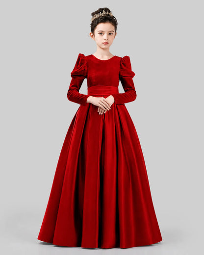 Red Velvet Satin A-line Girls Formal Dress Front View