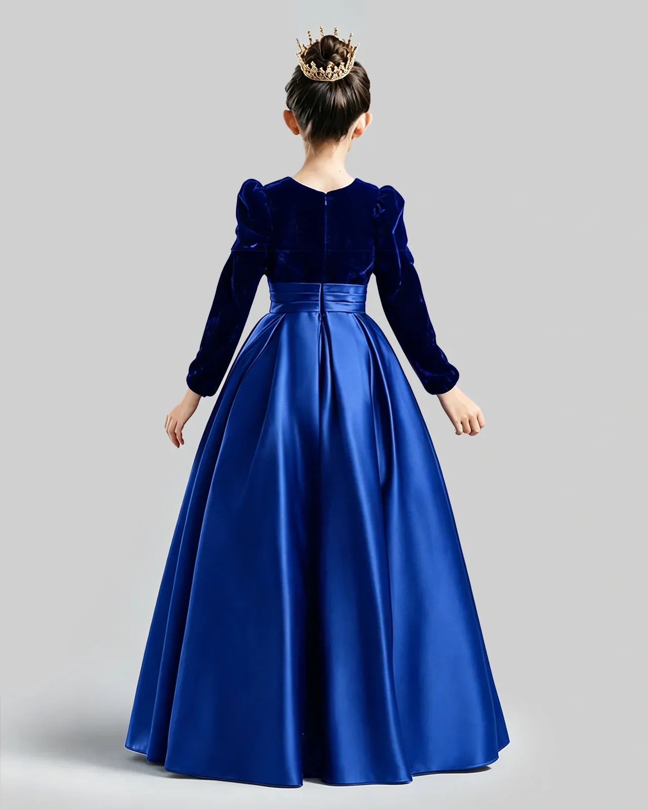 Royal Blue Velvet Satin A-line Girls Formal Dress Back View