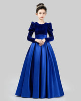 Royal Blue Velvet Satin A-line Girls Formal Dress Front View