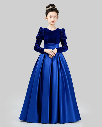 Royal Blue Velvet Satin A-line Girls Formal Dress Front View