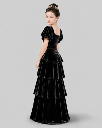 Black Velvet Tiered Girls Formal Dress Back View