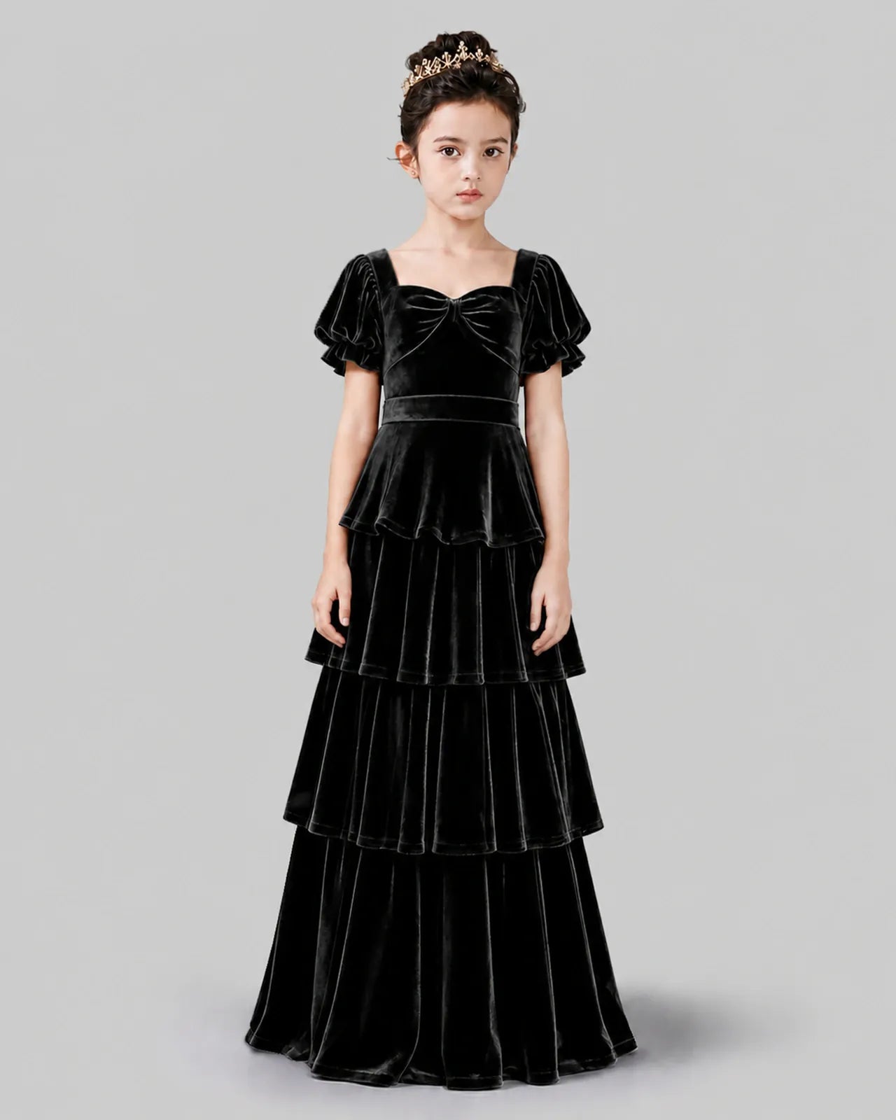 Black Velvet Tiered A-line Girls Formal Dress Front View