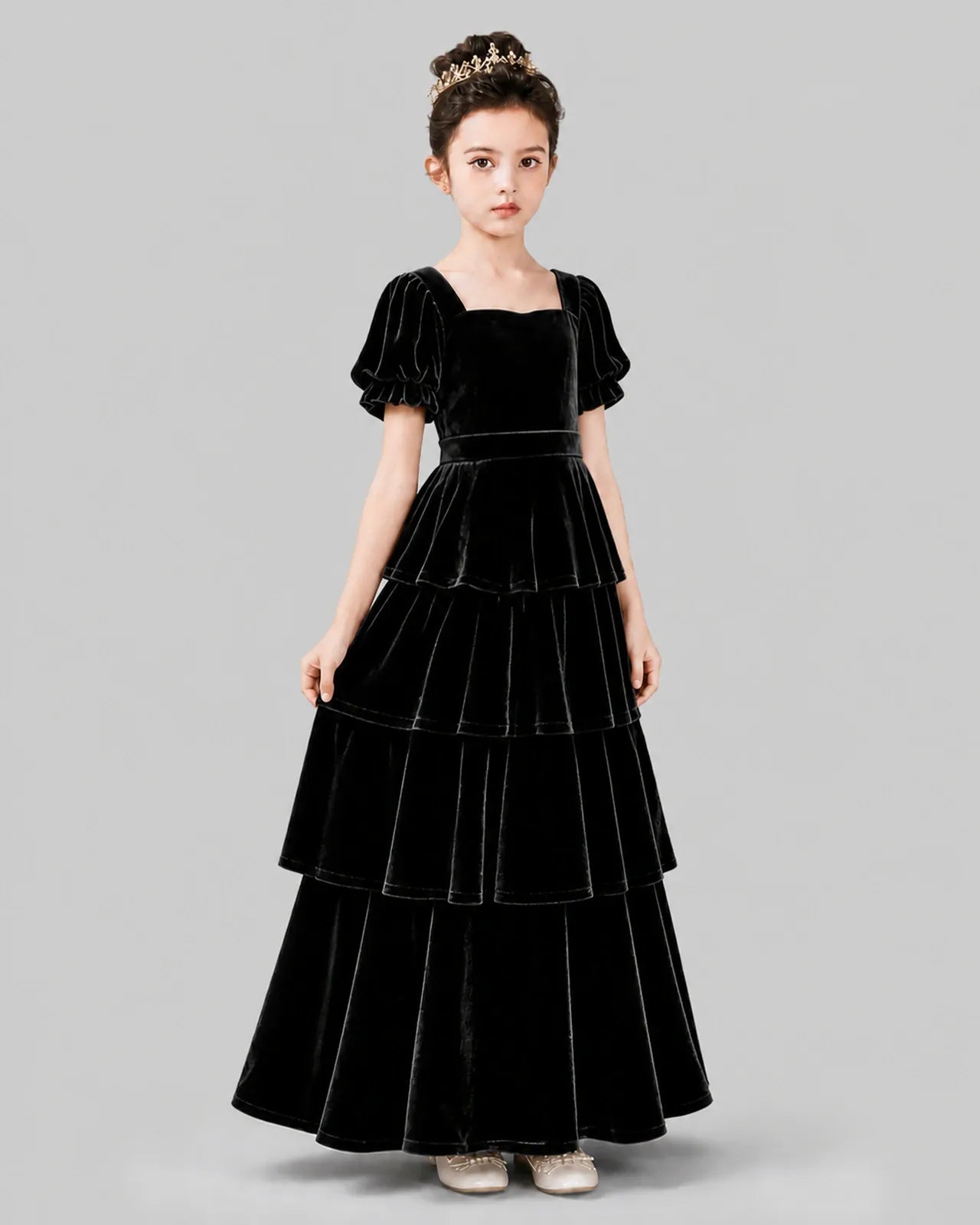 Black Velvet A-line Girls Formal Dress Side View