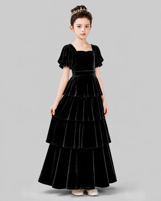 Black Velvet A-line Girls Formal Dress Side View