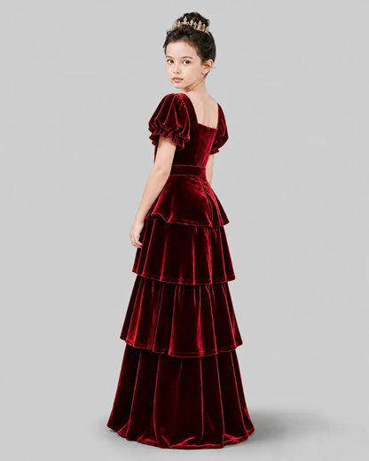 Burgundy Velvet A-line Girls Formal Dress Back View