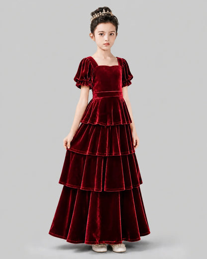 Burgundy Velvet A-line Girls Formal Dress Side View