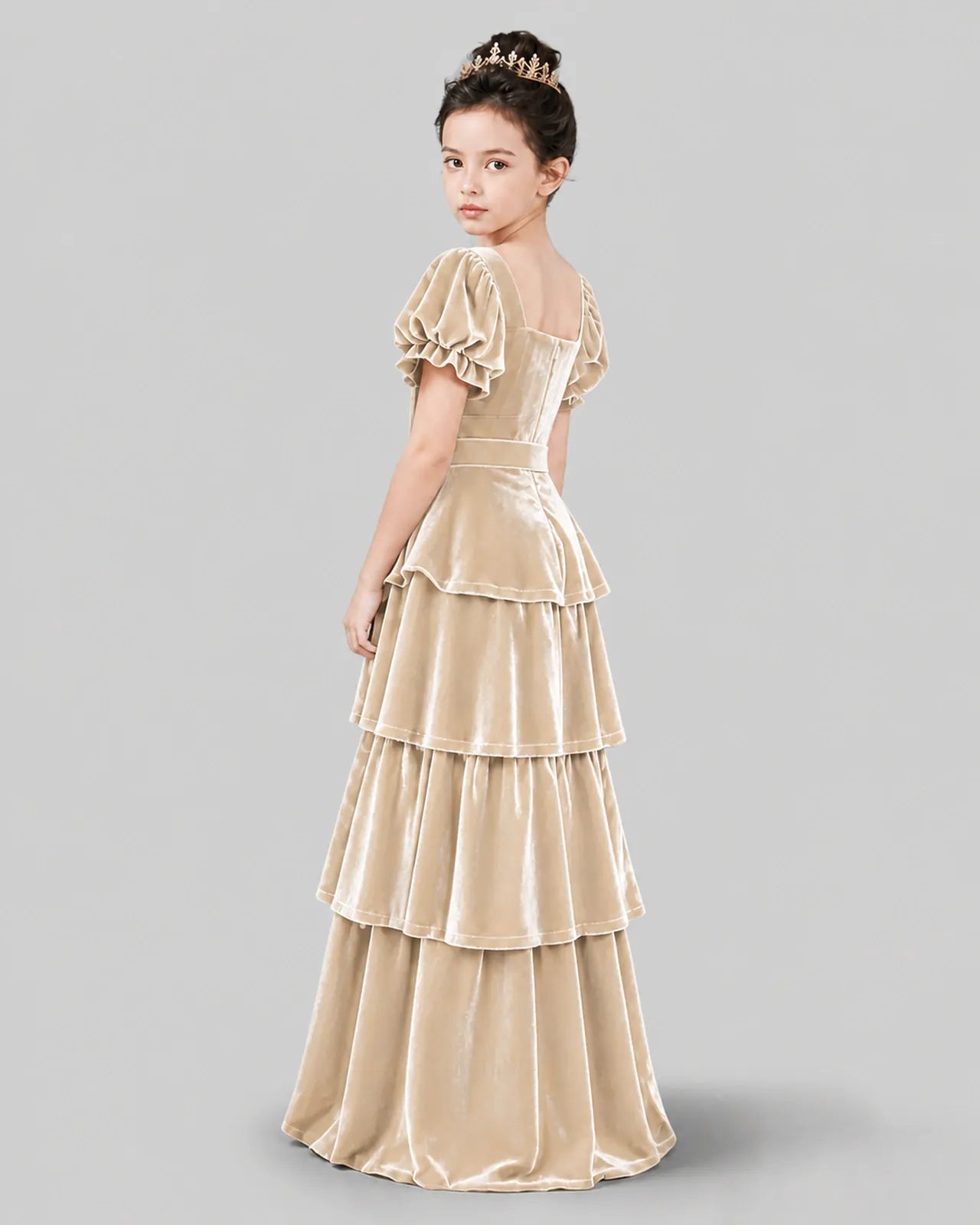 Champagne Velvet Tiered Girls Formal Dress Back View
