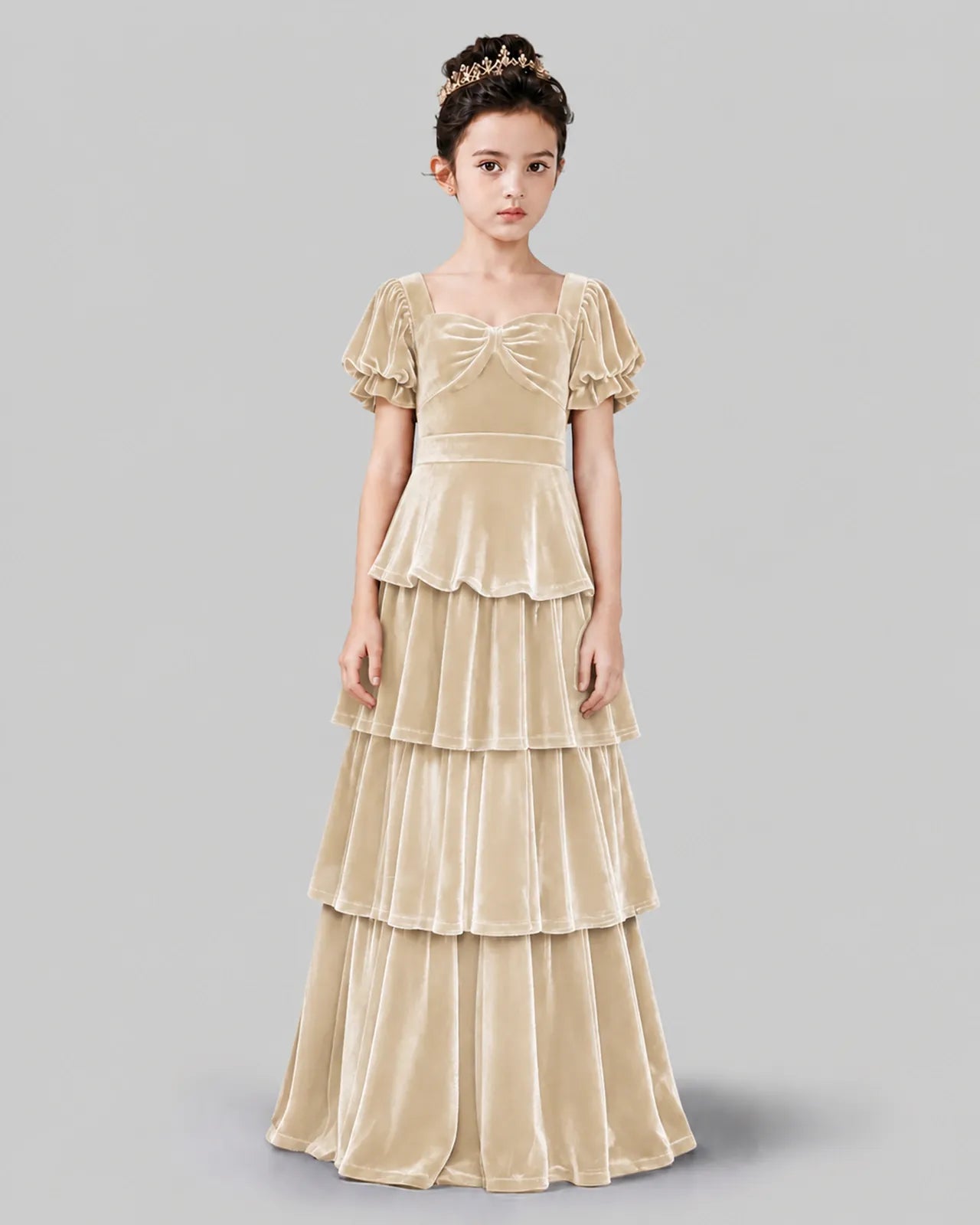 Champagne Velvet Tiered A-line Girls Formal Dress Front View