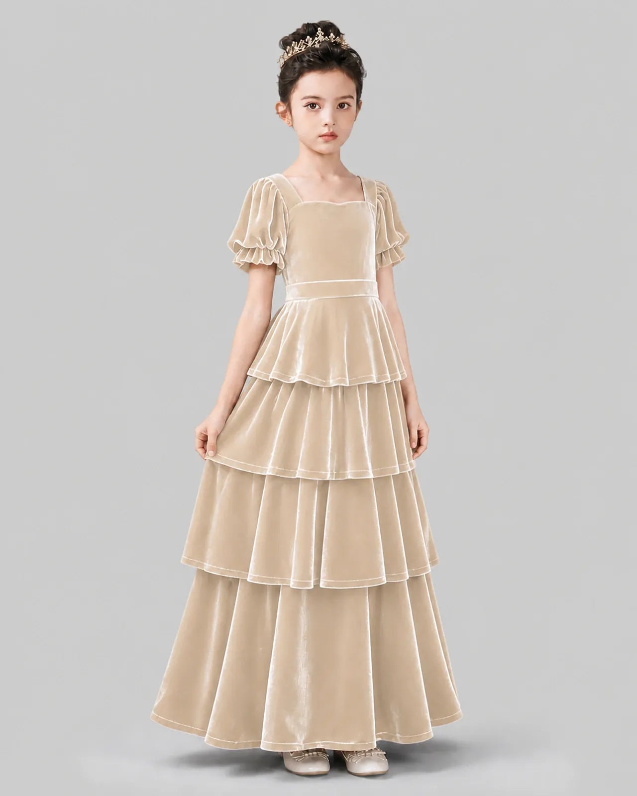 Champagne Velvet A-line Girls Formal Dress Side View