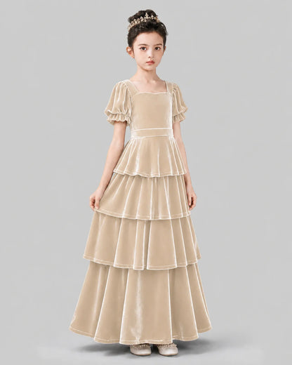 Champagne Velvet A-line Girls Formal Dress Side View