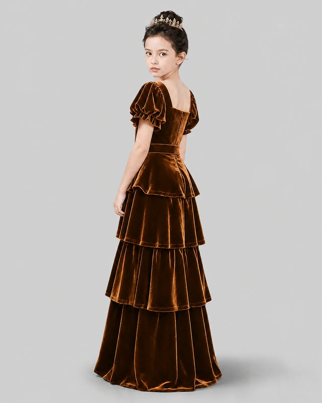 Chocolate Velvet A-line Girls Formal Dress Back View