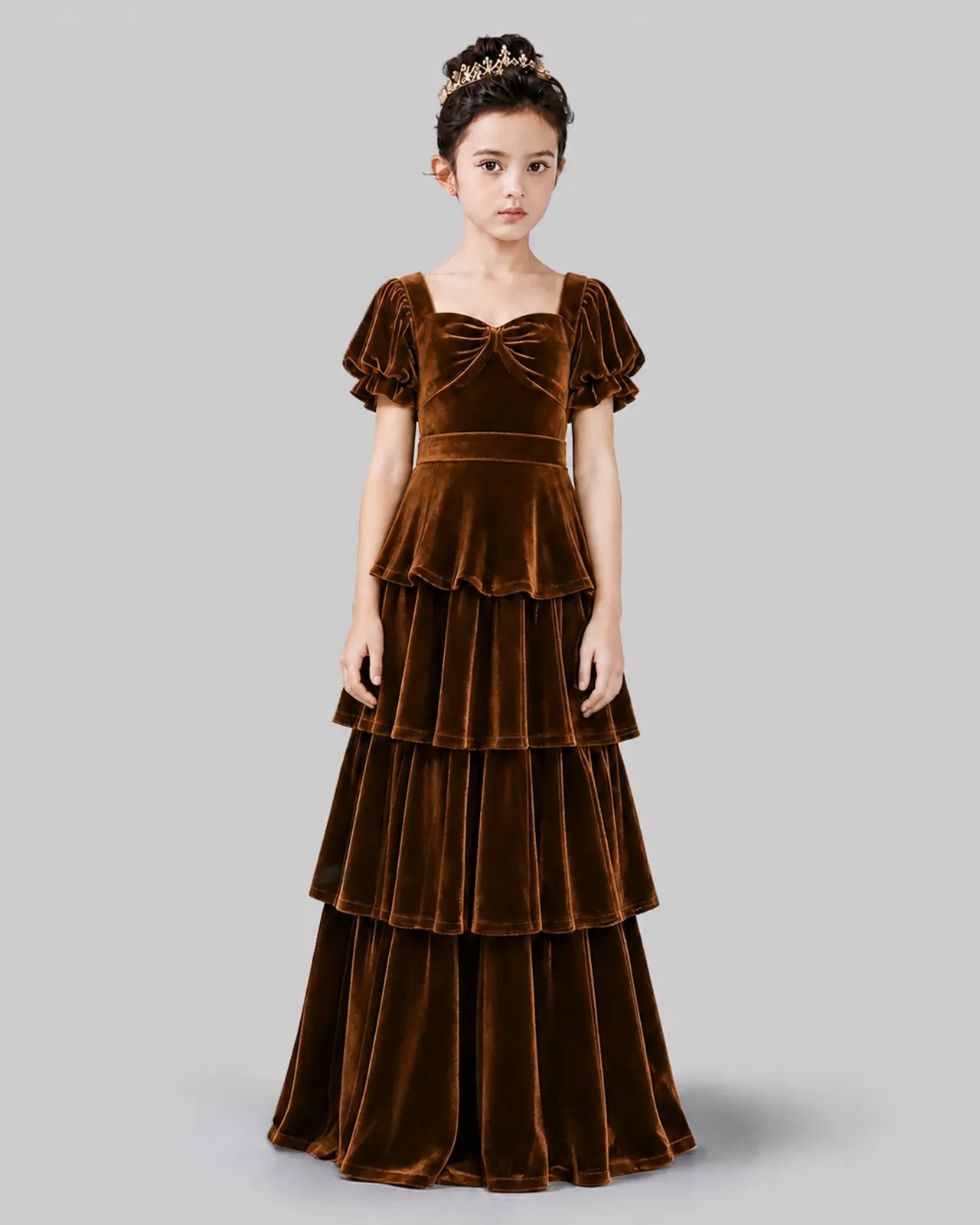 Chocolate Velvet A-line Girls Formal Dress Front View