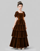 Chocolate Velvet A-line Girls Formal Dress Side View