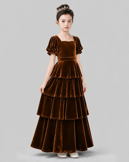 Chocolate Velvet A-line Girls Formal Dress Side View