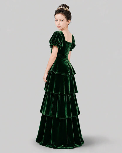 Dark Green Velvet A-line Girls Formal Dress Back View