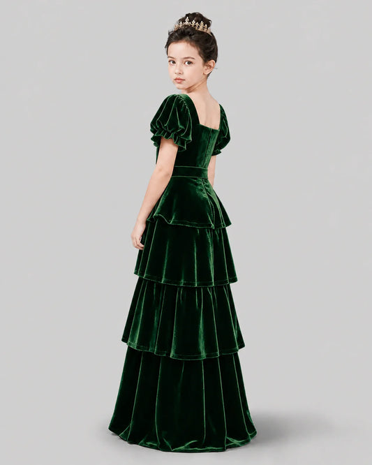 Dark Green Velvet A-line Girls Formal Dress Back View