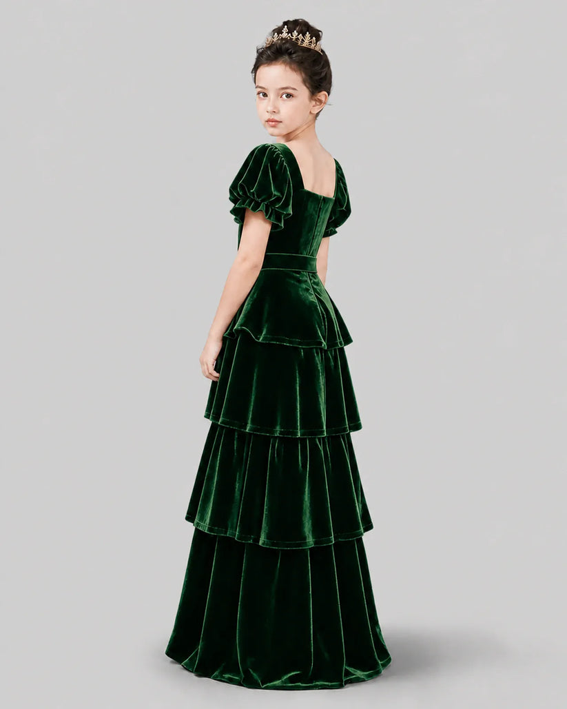 Dark Green Velvet A-line Girls Formal Dress Back View