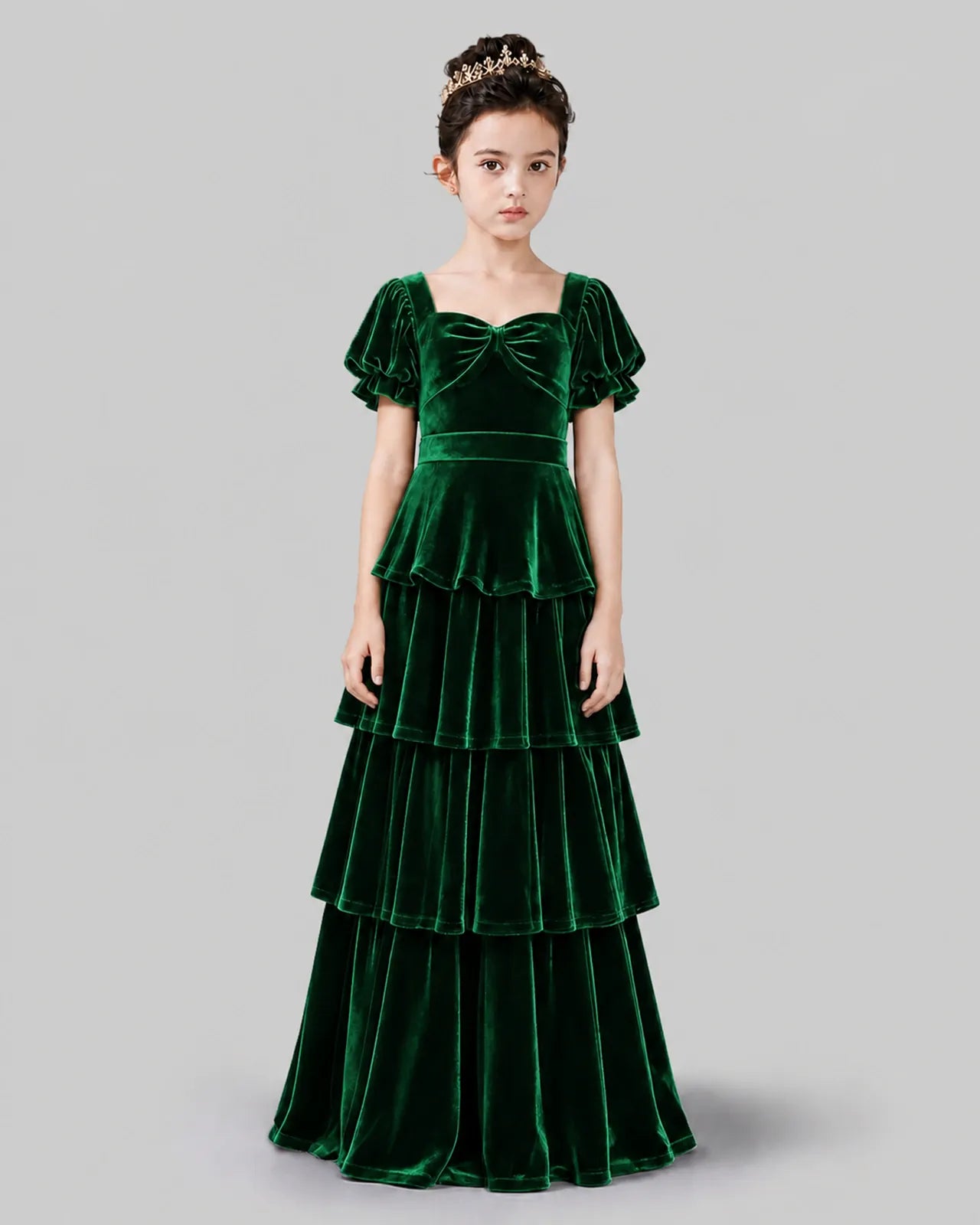 Dark Green Velvet Tiered A-line Girls Formal Dress Front View