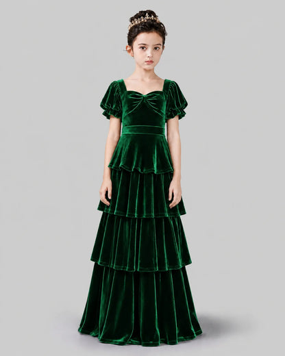Dark Green Velvet Tiered A-line Girls Formal Dress Front View