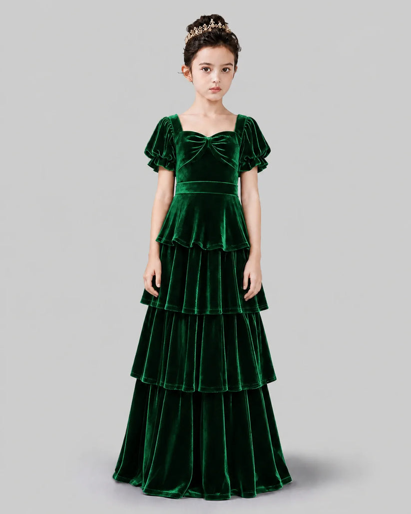 Dark Green Velvet Tiered A-line Girls Formal Dress Front View