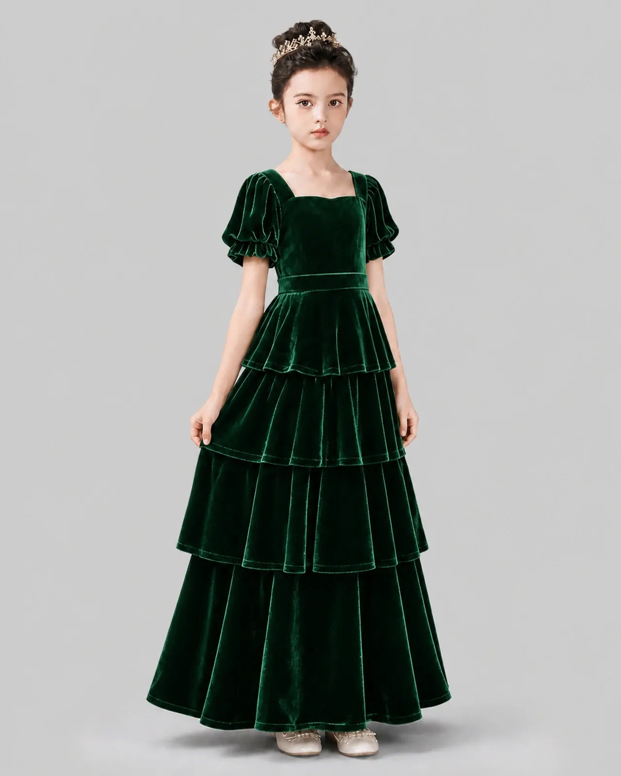 Dark Green Velvet A-line Girls Formal Dress Side View