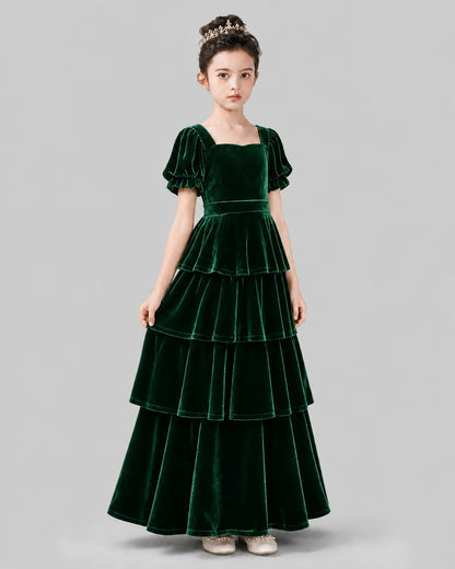 Dark Green Velvet A-line Girls Formal Dress Side View