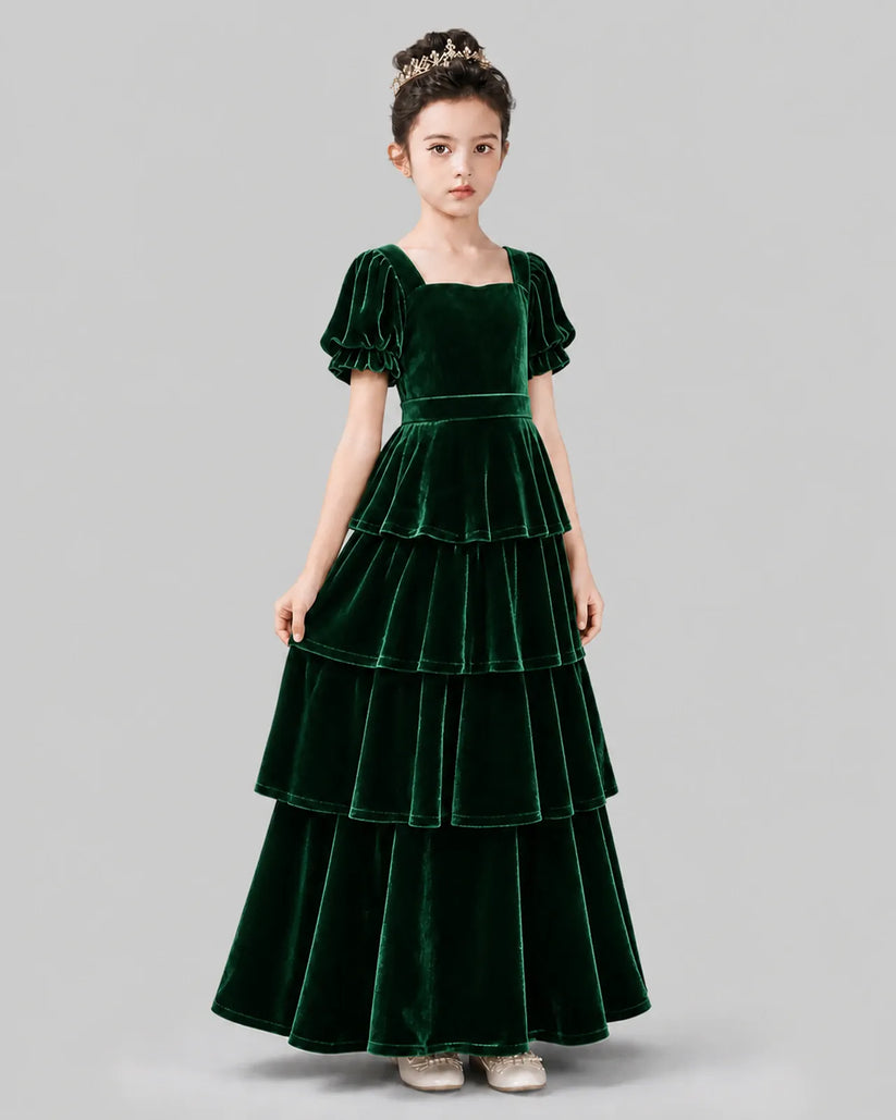 Dark Green Velvet A-line Girls Formal Dress Side View