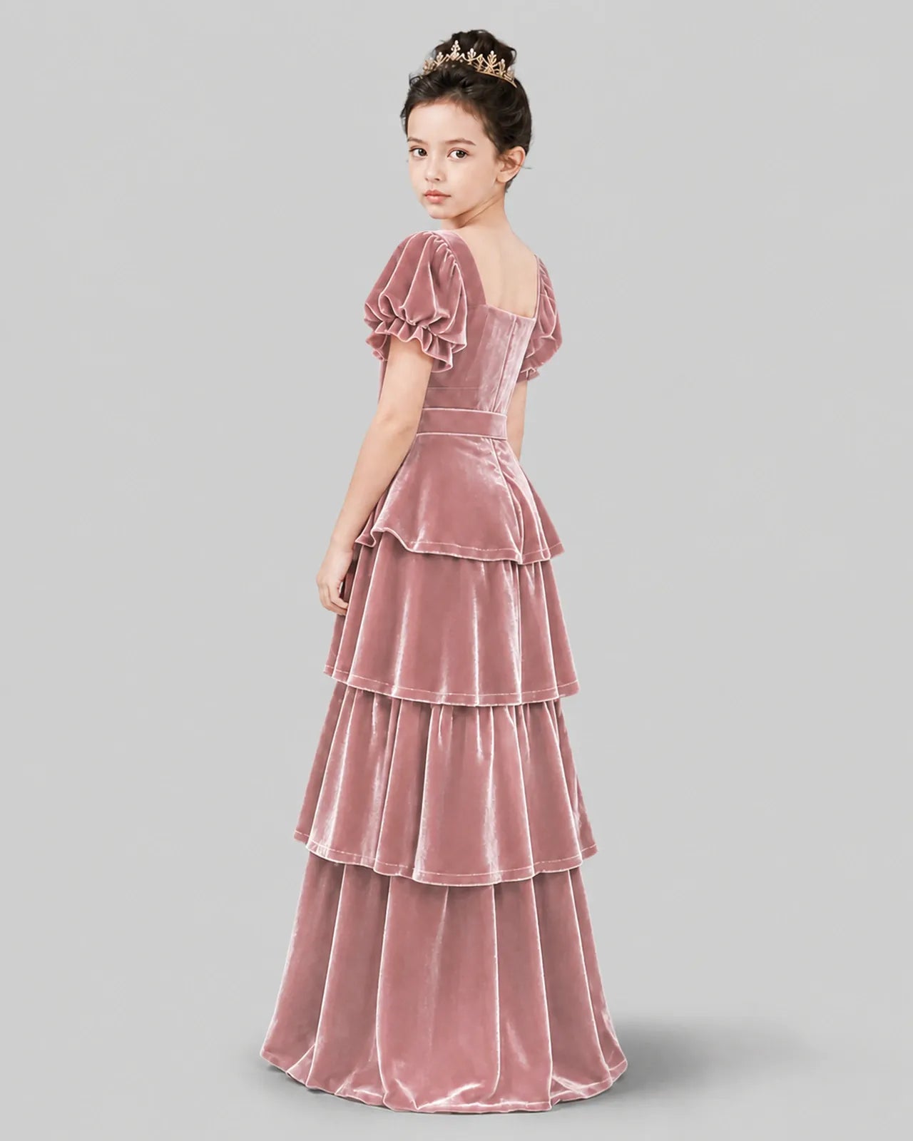 Dusty Rose Velvet Tiered Girls Formal Dress Back View