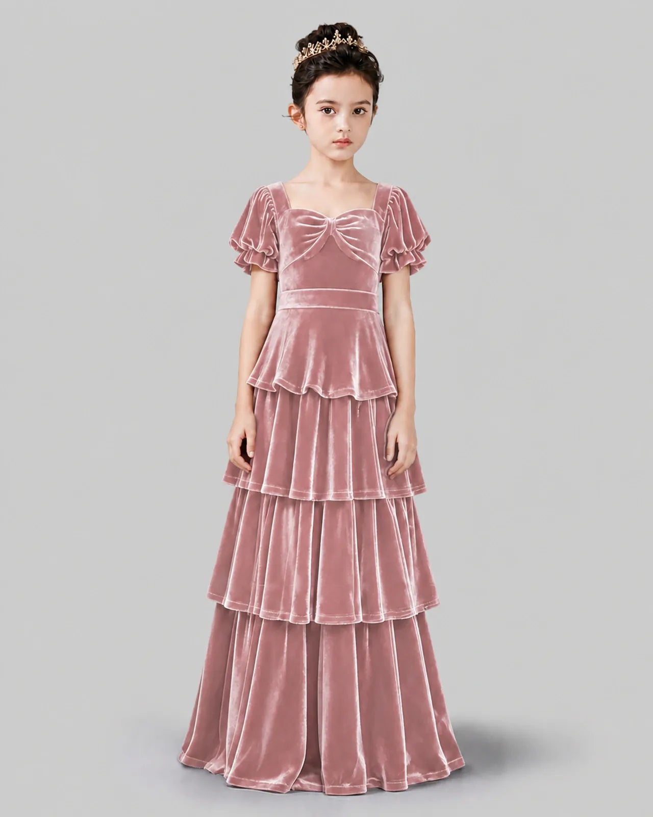 Dusty Rose Velvet A-line Girls Formal Dress Front View