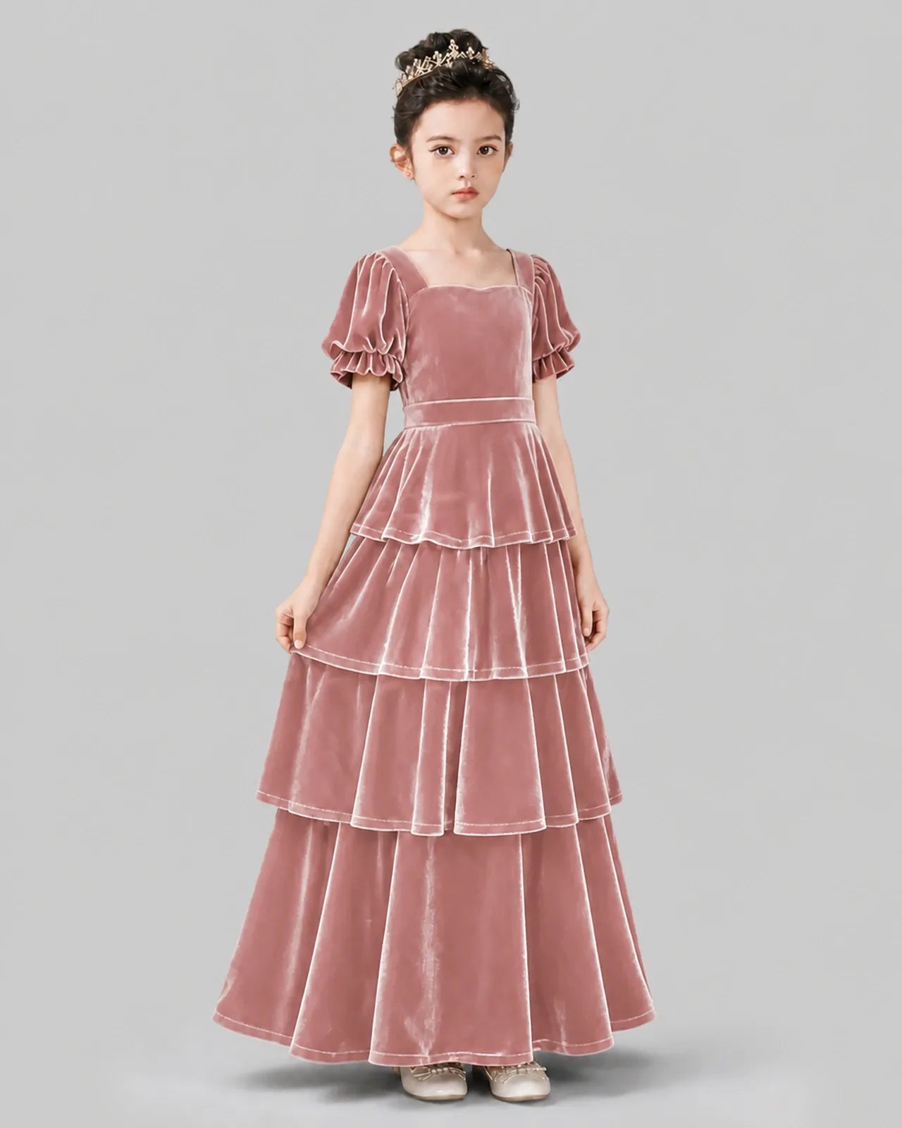Dusty Rose Velvet A-line Girls Formal Dress Side View