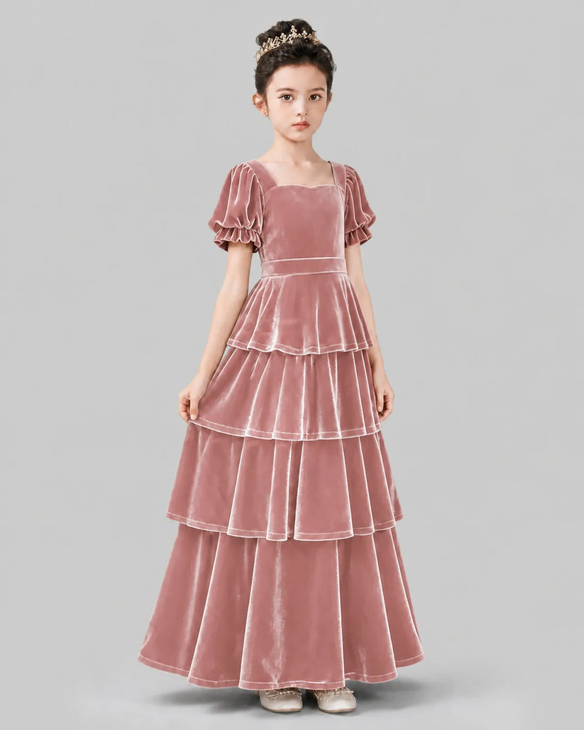 Dusty Rose Velvet A-line Girls Formal Dress Side View