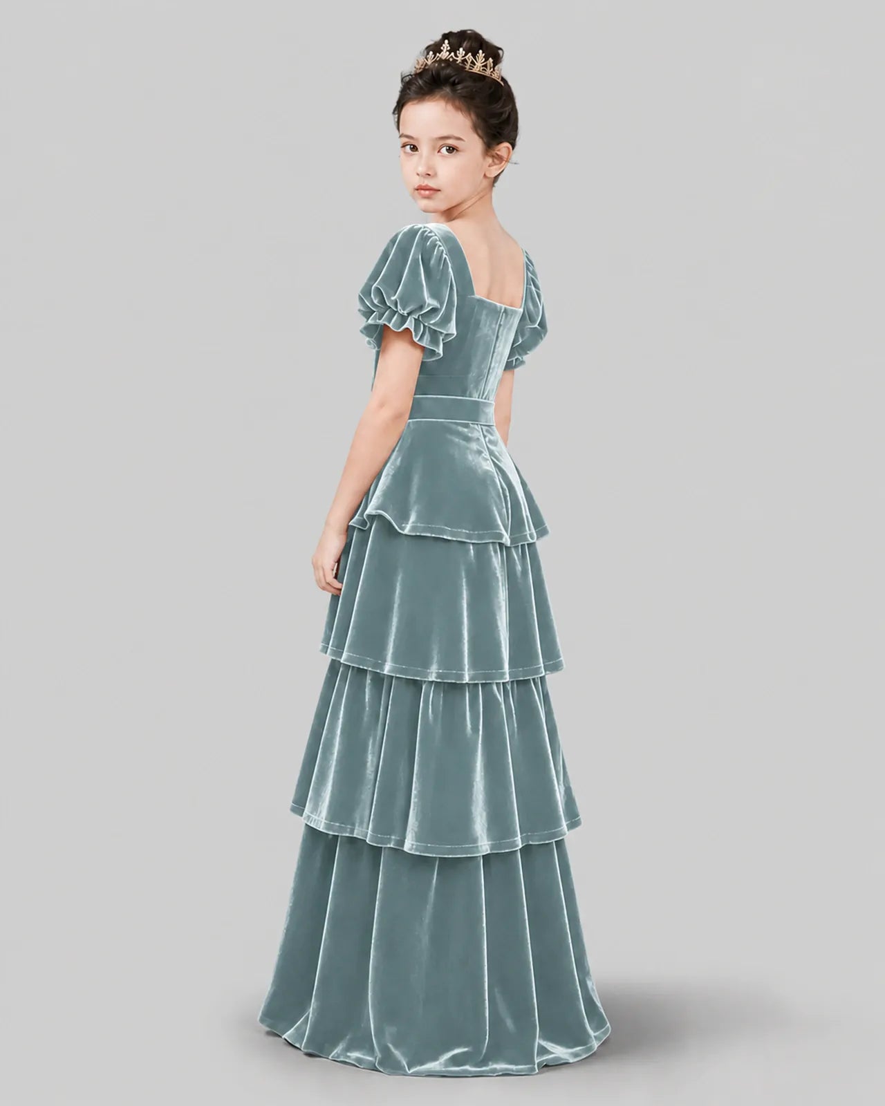 Dusty Blue Velvet A-line Girls Formal Dress Back View
