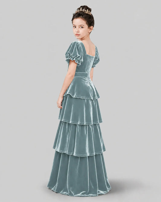 Dusty Blue Velvet A-line Girls Formal Dress Back View