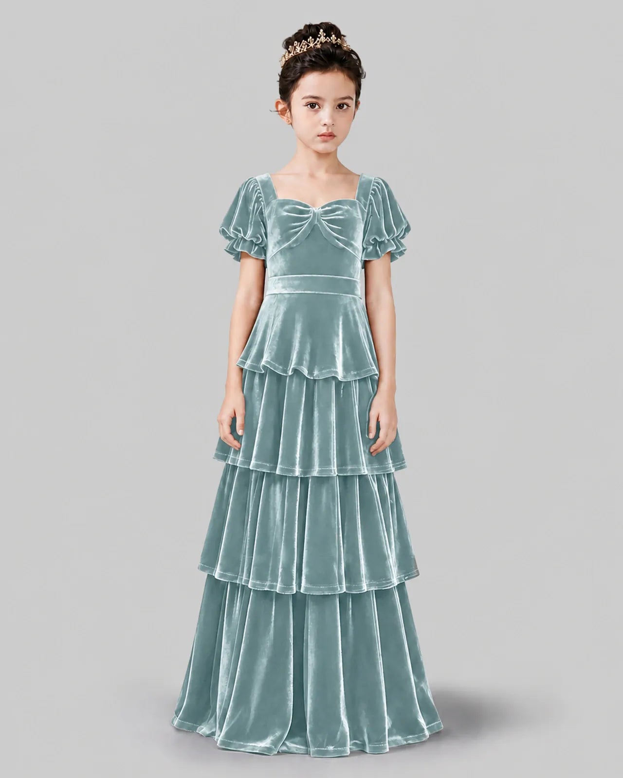 Dusty Blue Velvet Tiered A-line Girls Formal Dress Front View