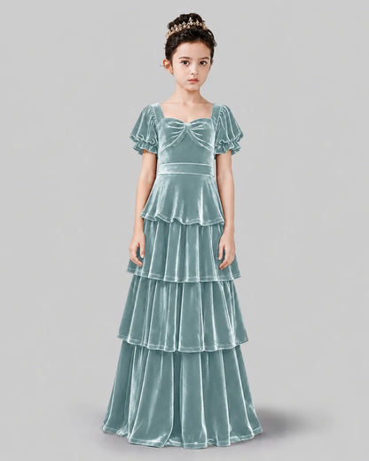 Dusty Blue Velvet Tiered A-line Girls Formal Dress Front View